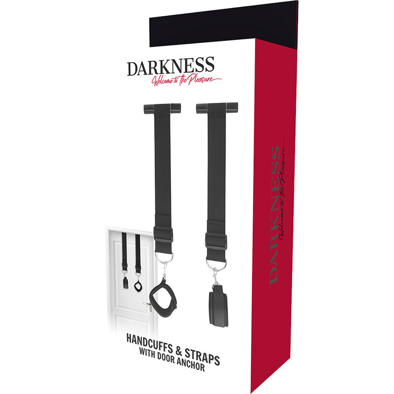 Packaging Darkness Handcuffs & Straps with Door Anchor avec sangles en T, manchettes neoprene et illustration de fixation sur porte, kit de bondage instantane.