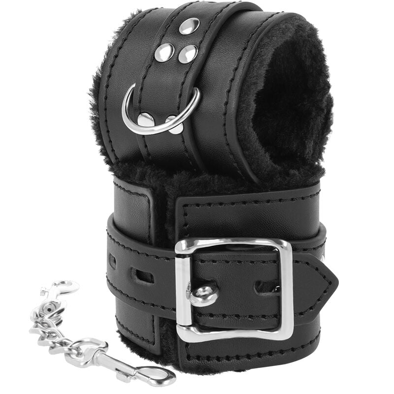 Menottes BDSM doublées fausse fourrure noires — détail produit