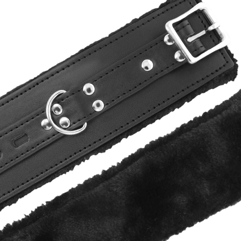 Menottes BDSM doublées fausse fourrure noires — vue de profil