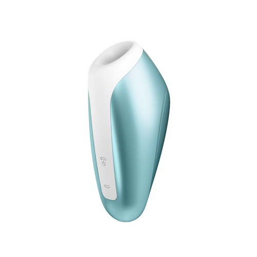 Stimulateur clitoridien Satisfyer Love Breeze bleu menthe et blanc, format nomade compact en silicone, embout d'aspiration air pulse sans contact direct, rechargeable.