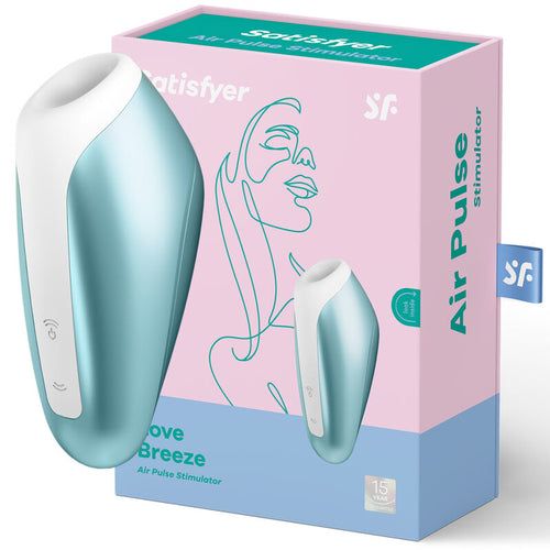 Boîte rose et bleue du Satisfyer Love Breeze, packaging Air Pulse Stimulator avec dessin au trait stylisé et photo du stimulateur clitoridien nomade bleu menthe.