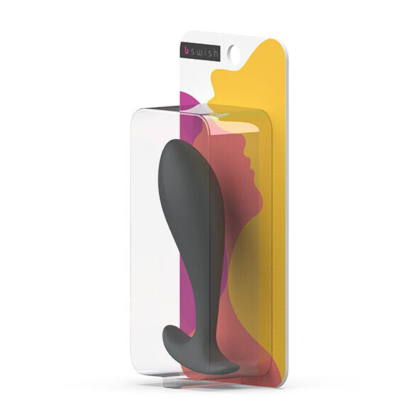 Plug prostatique fin anthracite sous blister B Swish jaune et rose. Vue du produit effilé maintenu dans la coque plastique transparente fixée à la carte illustrée.