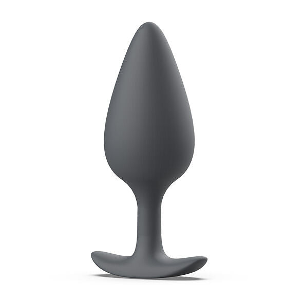 Plug prostatique anthracite en silicone, corps bulbeux conique, col étroit et base évasée incurvée. Vue de trois quarts sur la forme lisse arrondie, sans aucun relief réaliste.
