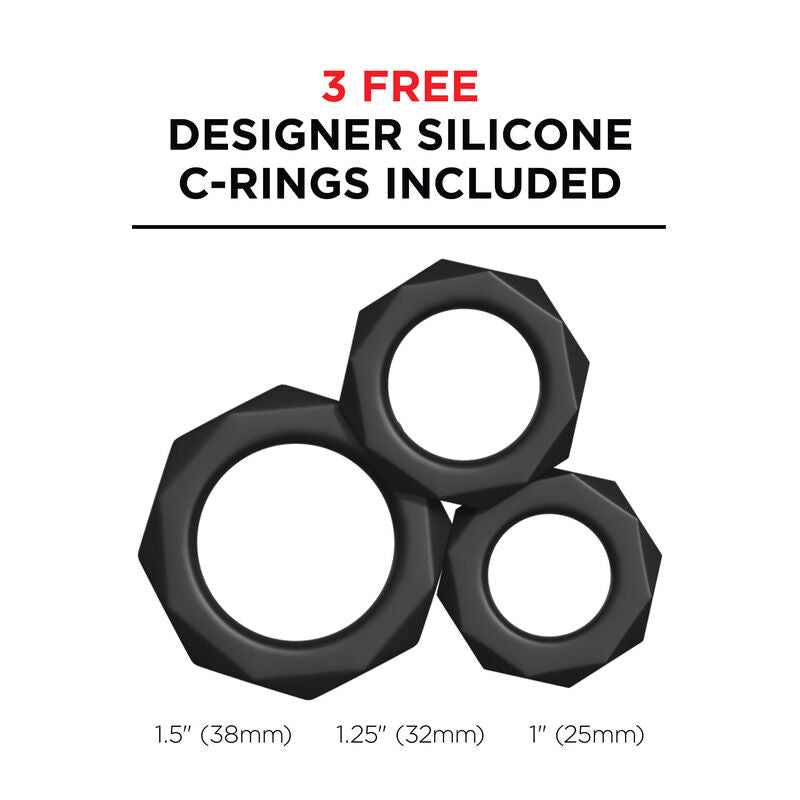 Trois anneaux peniens en silicone noir inclus, tailles 38, 32 et 25 mm
