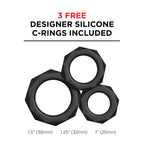 Trois anneaux peniens en silicone noir inclus, tailles 38, 32 et 25 mm