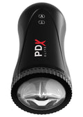 Masturbateur automatique Moto Stroker, vue en angle, embout transparent incliné vers l'avant