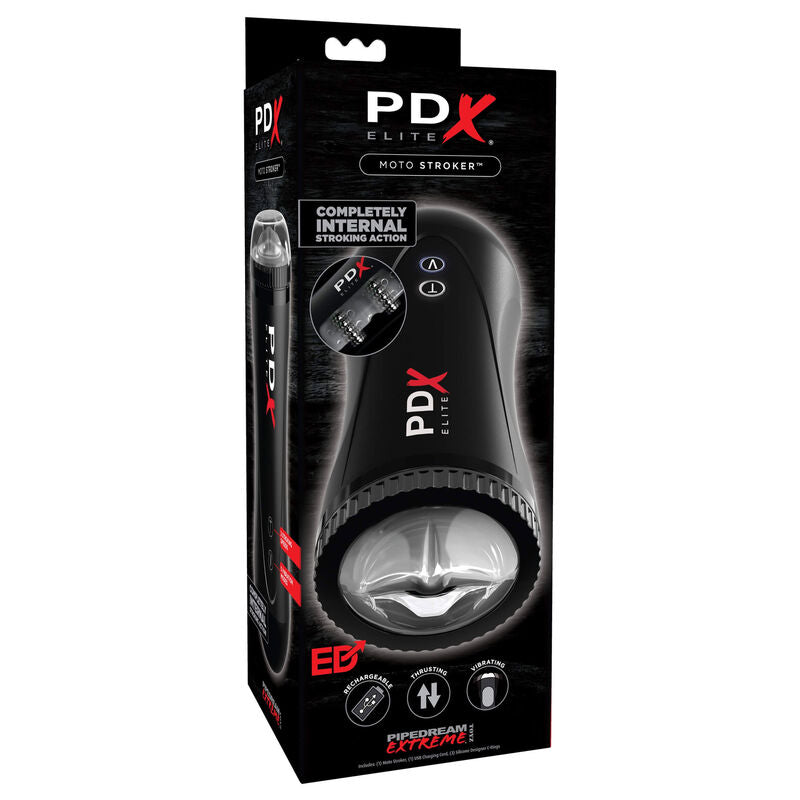 Packaging PDX Elite Moto Stroker avec mécanisme interne illustré