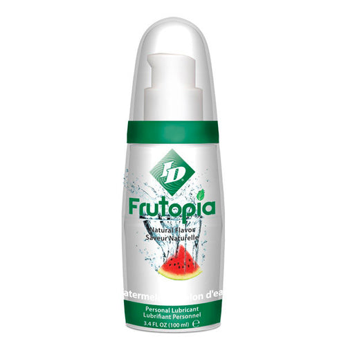 Flacon pompe ID Frutopia Watermelon 100 ml, lubrifiant gourmand pasteque base eau saveur fruitee juteuse, etiquette verte compatible preservatifs