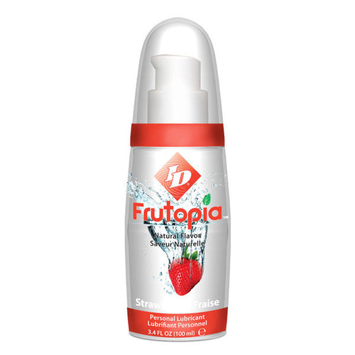 Flacon pompe ID Frutopia Strawberry de face, lubrifiant gourmand fraise base eau saveur sucree, etiquette rouge compatible preservatifs latex