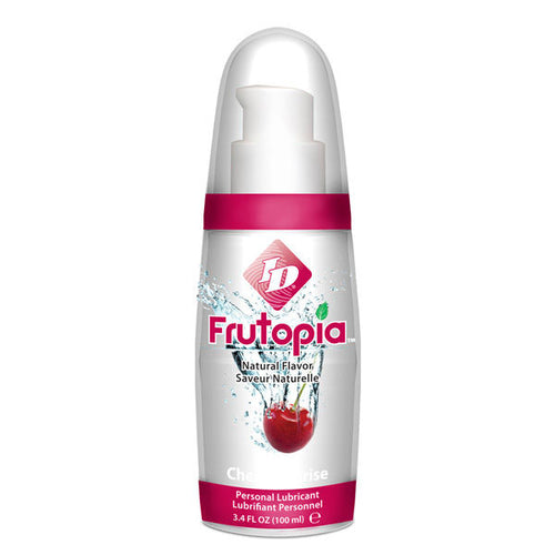Flacon pompe ID Frutopia Cherry de face, lubrifiant gourmand cerise base eau naturellement sucre, etiquette rose et motif cerise compatible preservatifs