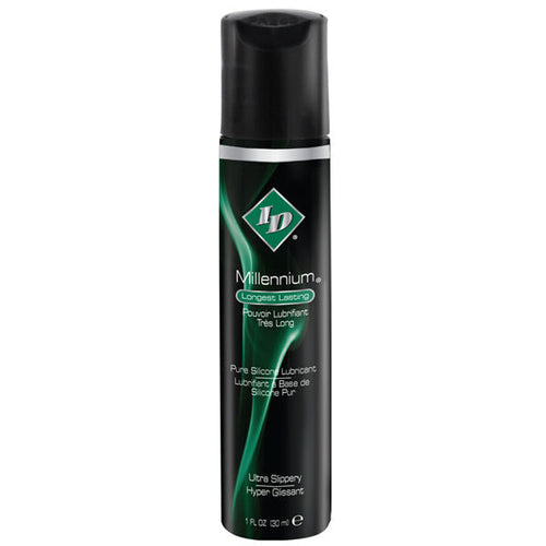 Flacon pompe ID Millennium noir et vert, lubrifiant silicone pur leger glisse ultra durable, etiquette effet long bouchon noir de face