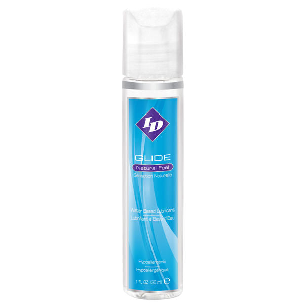 Flacon pompe ID Glide bleu transparent, lubrifiant base eau toucher naturel soyeux, bouchon clair etiquette bleue sensation naturelle de face