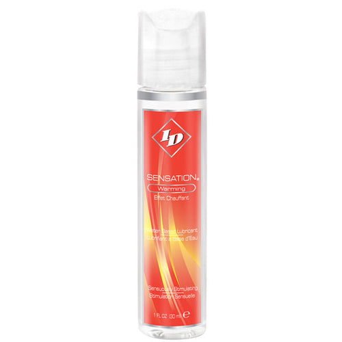 Flacon pompe ID Sensation Warming orange de face, lubrifiant chauffant base eau effet chaleur progressif, motif flamme stimulation sensuelle