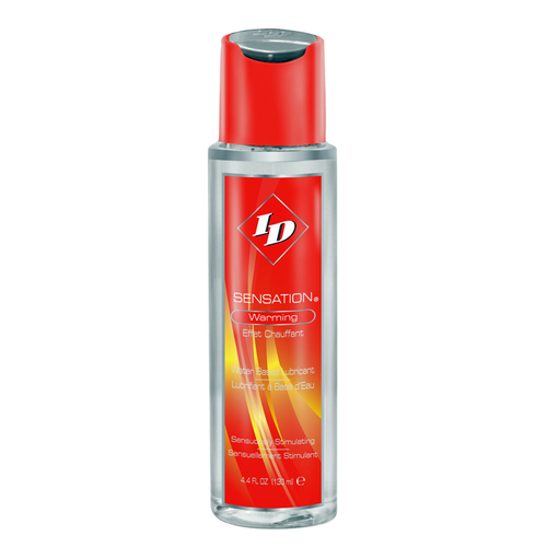 Flacon ID Sensation Warming rouge a bouchon, lubrifiant chauffant base eau qui diffuse une chaleur progressive, motif flamme orange de face