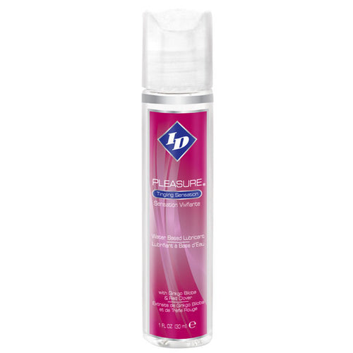 Flacon pompe ID Pleasure rose de face, lubrifiant base eau a sensation picotement stimulant, glisse soyeuse gingko biloba et trefle rouge