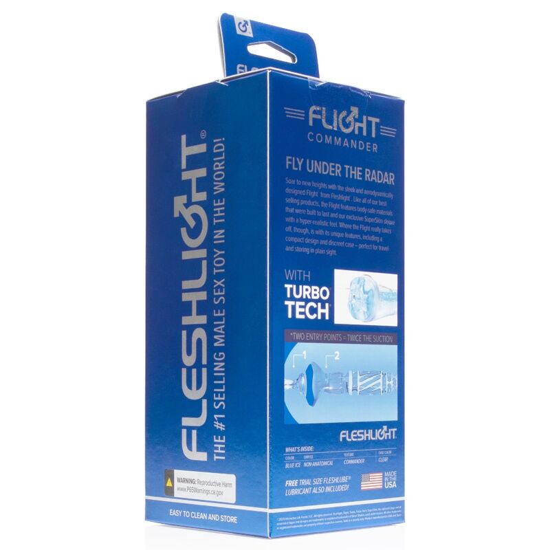 Boite du masturbateur Fleshlight Flight a technologie Turbo Tech, packaging bleu vantant le sextoy masculin compact le plus vendu au monde