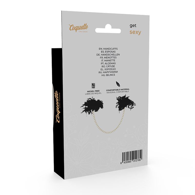 Dos de la boîte des cache-tétons Coquette à plumes, fiche multilingue Handcuffs et matière compatible, packaging get sexy de l'accessoire burlesque à chaîne dorée.