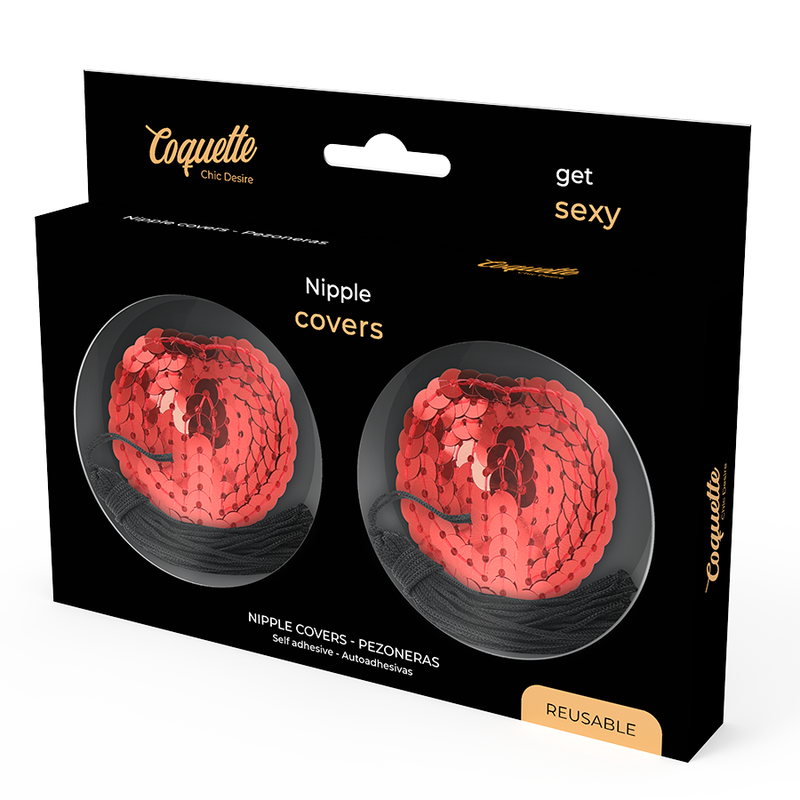 Boite cache-tetons coeurs paillettes rouges Coquette, blister noir Get Sexy reutilisable presentant la paire scintillante a pampilles franges