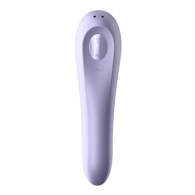 Vue de l'extrémité du Dual Pleasure mauve révélant l'ouverture aspirante en silicone et le corps ergonomique, double stimulation air pulse et vibration.