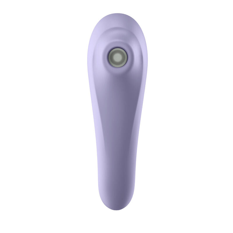 Stimulateur Dual Pleasure parme montrant son bouton de commande métallisé sur le corps en silicone galbé, technologie air pulse et vibration pour le clitoris.