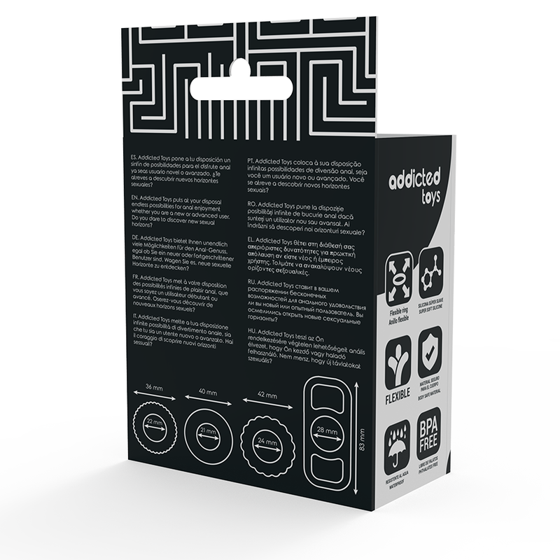 Dos de la boite Addicted Toys du set d'anneaux peniens, pictogrammes et texte produit, emballage noir discret du coffret cock ring silicone.