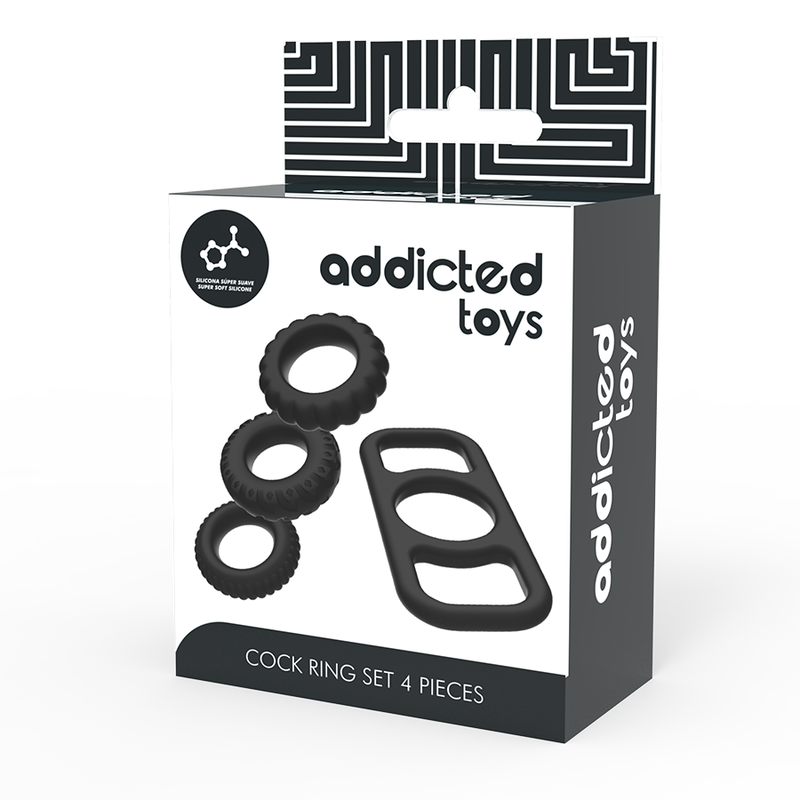 Boite Addicted Toys Cock Ring Set 4 pieces, packaging blanc et noir presentant les anneaux peniens silicone, accessoires masculins assortis.