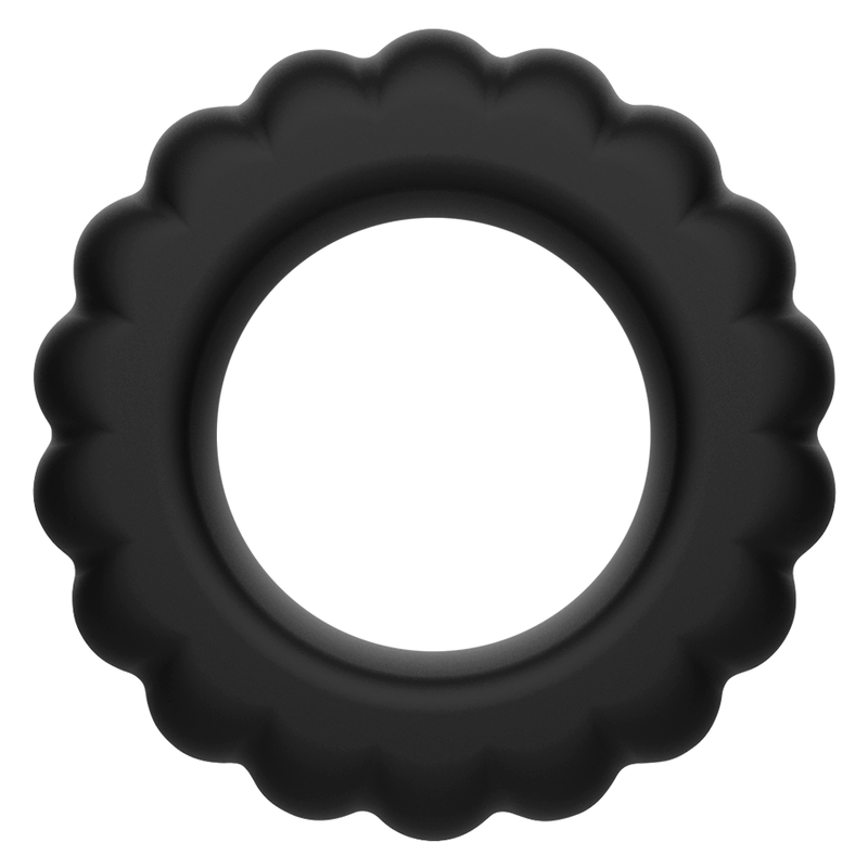 Anneau penien silicone noir Addicted a fines nervures rayonnantes, vue rapprochee du cock ring extensible pour un confort modulable.
