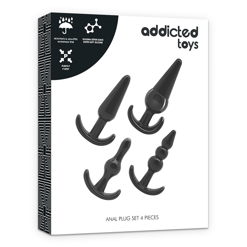Boite Addicted Toys Anal Plug Set 4 pieces, packaging noir presentant les plugs en TPE a base ancre, coffret d'initiation anale progressif.