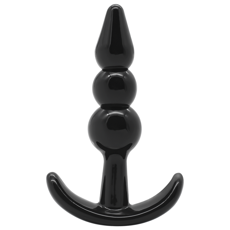 Plug anal Addicted en TPE noir a trois billes etagees et base ancre, vue de face, forme progressive pour une dilatation anale en douceur.