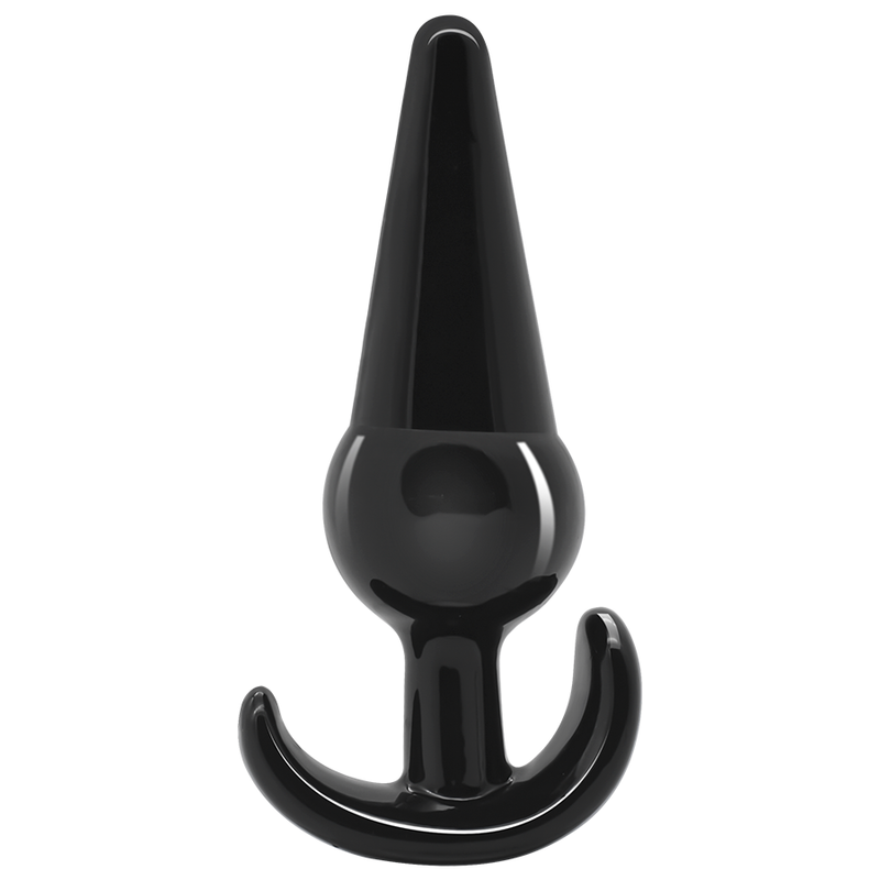 Plug anal Addicted en TPE noir a pointe conique surmontant un renflement, base ancre, modele progressif souple pour la dilatation anale.