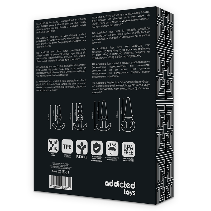 Dos de la boite Addicted Toys du set de plugs anaux, pictogrammes TPE flexible et BPA free, emballage noir discret du coffret d'initiation.