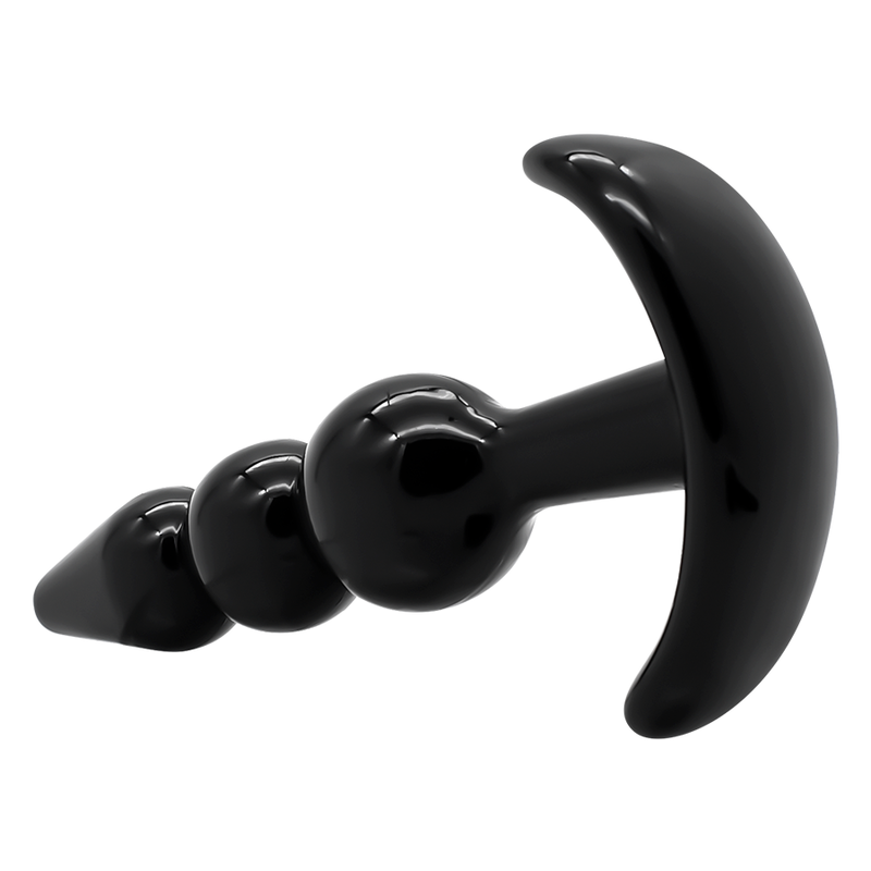 Plug anal a billes croissantes en TPE noir Addicted avec base ancre, vue de trois quarts du modele progressif souple pour l'initiation anale.