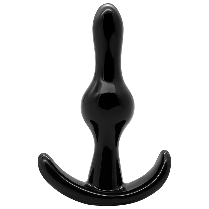 Plug anal Addicted en TPE noir a corps ondule et base ancre de securite, vue de face du modele souple pour varier les sensations anales.