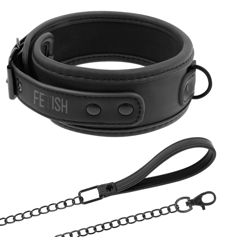 Collier de soumission Fetish Submissive en cuir vegan noir double neoprene avec grand anneau et laisse a chaine metal sans nickel, ensemble de domination ajustable.