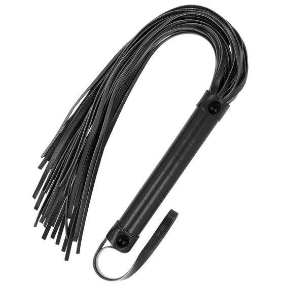 Cravache d'equitation Fetish Submissive de 28 cm en cuir vegan noir, manche rigide et faisceau de fines lanieres souples, accessoire de discipline pour la domination BDSM.