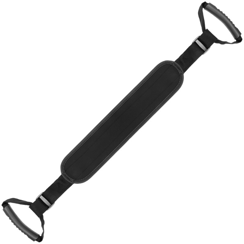 Sangle de position levrette Fetish Submissive presentee de trois quarts, appui neoprene rembourre et poignees ergonomiques antiderapantes