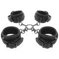 Ensemble menottes Fetish Submissive : quatre manchettes cuir vegan double neoprene reliees par chainettes metal, jeu poignets et chevilles a plat