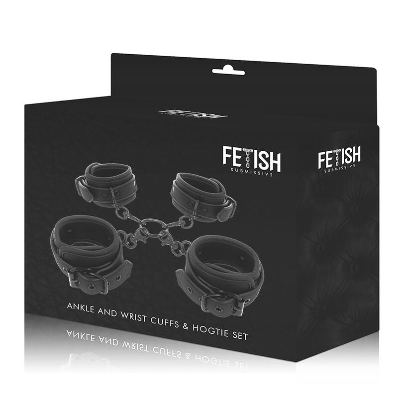 Packaging de l'ensemble menottes Fetish Submissive, boite noire Ankle and Wrist Cuffs and Hogtie Set sans visuel anatomique