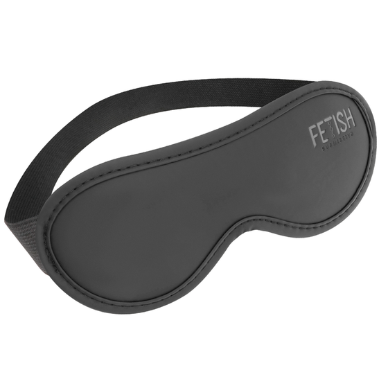 Masque elastique Fetish Submissive en cuir vegan double neoprene vu de face, bande elastique reglable pour la privation sensorielle, noir mat