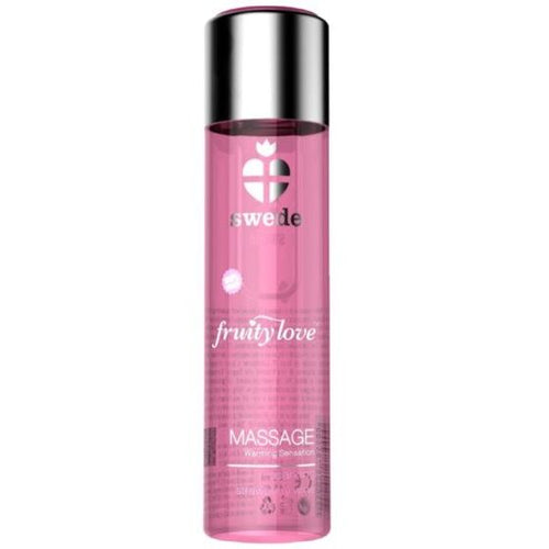 Huile de massage Swede Fruity Love chauffante fraise champagne, flacon rose translucide vue de face, fini soyeux aux huiles vegetales jojoba et chanvre.