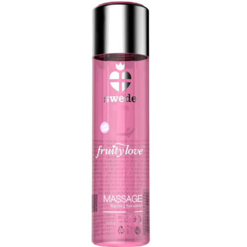 Huile de massage Fruity Love fraise champagne effet chaleur doux, flacon rose vue de face, parfum petillant a fini soyeux enrichi aloe vera et chanvre.