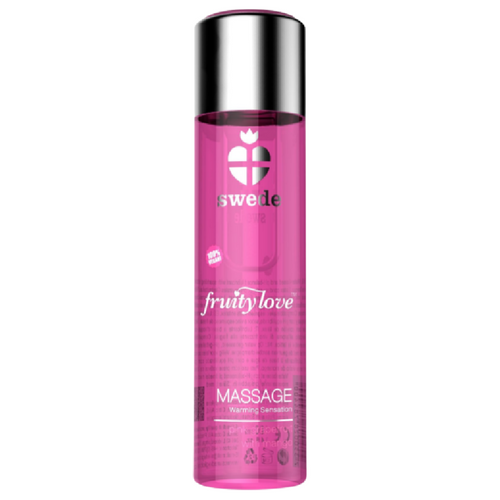 Huile de massage Fruity Love pamplemousse rose mangue effet chauffant doux, flacon rose vue de face, parfum frais a fini soyeux aux huiles vegetales.