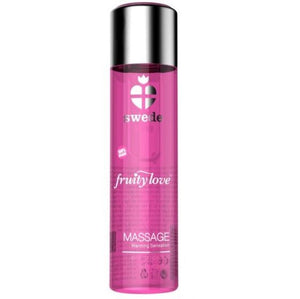 Huile de massage Swede Fruity Love chauffante pamplemousse mangue, flacon rose translucide vue de face, fini soyeux enrichi jojoba macadamia et aloe vera.