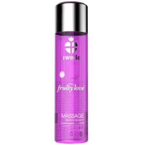 Huile de massage Swede Fruity Love chauffante framboise rhubarbe, flacon violet translucide vue de face, base silicone soyeuse aux huiles vegetales.