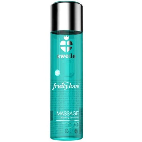 Huile de massage Swede Fruity Love chauffante cassis citron vert, flacon teal translucide vue de face, base silicone soyeuse enrichie huiles vegetales.