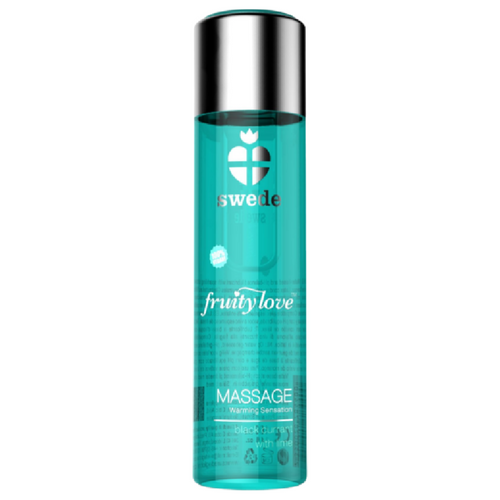Huile de massage Fruity Love effet chauffant cassis citron vert, flacon teal vue de face, base silicone vive a glisse longue duree et fini soyeux.