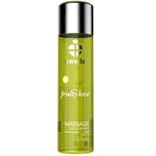 Huile de massage Swede Fruity Love chauffante vanille poire, flacon vert anis translucide vue de face, texture soyeuse enrichie aloe vera et vitamine E.