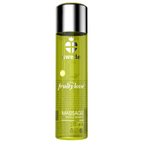 Huile de massage Fruity Love effet rechauffant vanille poire, flacon vert anis vue de face, parfum gourmand a texture soyeuse nourrissante pour la peau.