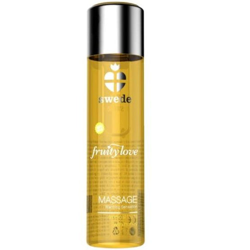 Huile de massage Swede Fruity Love gourmande chauffante miel, flacon dore translucide vue de face, enrichie jojoba macadamia aloe vera et vitamine E.