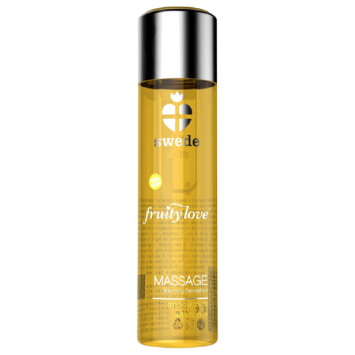 Huile de massage Fruity Love au miel effet chauffant doux, flacon dore vue de face, fini soyeux nourrissant aux huiles vegetales et vitamine E.